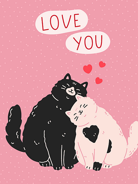 Illustration mit einer schwarzen und einer rosafarbenen Katze, die eng aneinander kuscheln, mit kleinen roten Herzen darüber und dem Schriftzug „LOVE YOU“ auf rosa gepunktetem Hintergrund.